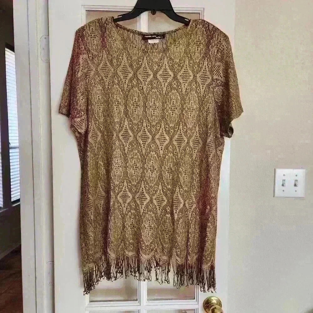 Vintage Sharade Nites Metallic Gold Fringe Blouse Women’s Boho 80s Made in USA